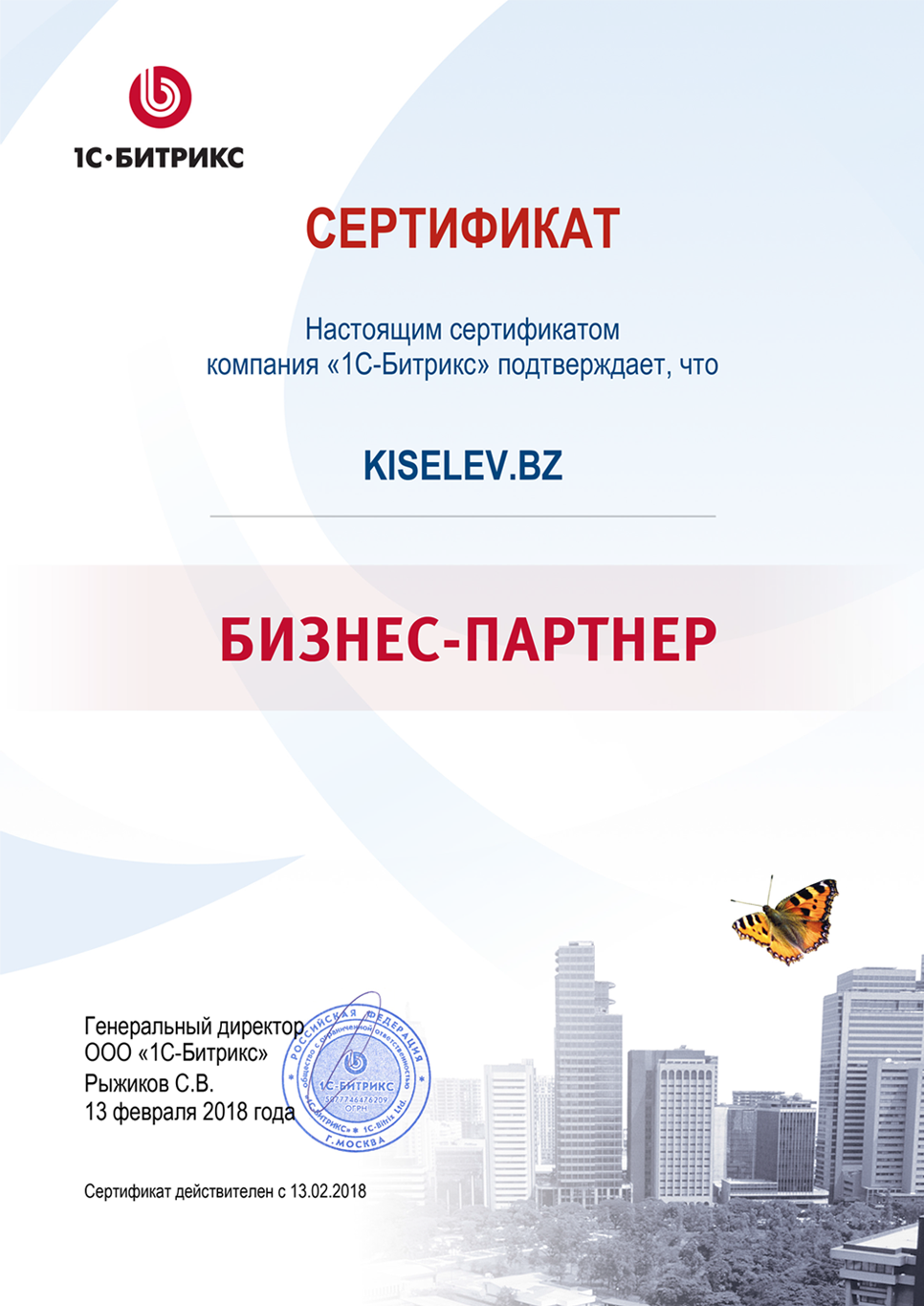 Сертификат партнёра по СРМ системам в Шумихе